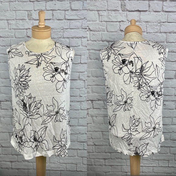 100% Linen Floral White & Black Flowy Brende Blouse Made in Portugal Size M - Picture 1 of 3